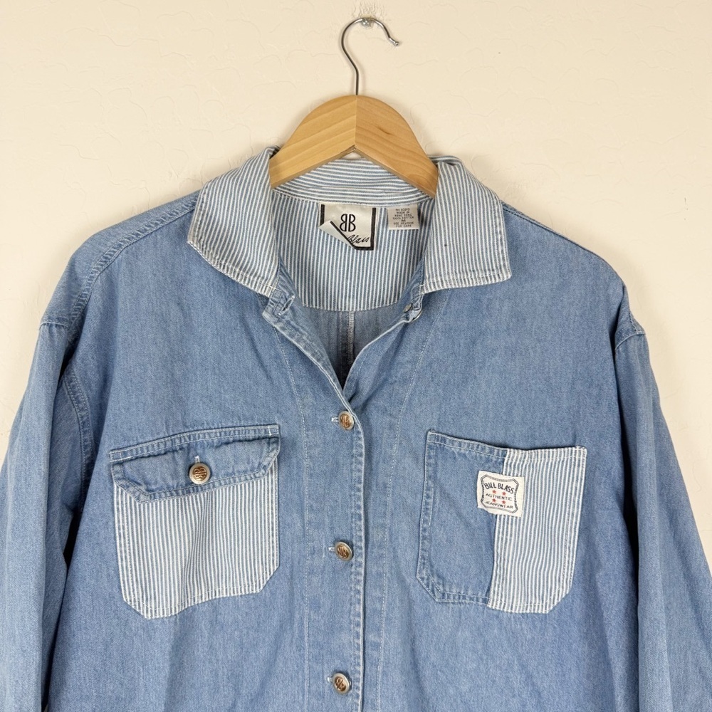 Vintage Bill Blass Lightweight Denim Chore Coat Button Down Pinstripes - Picture 3 of 7